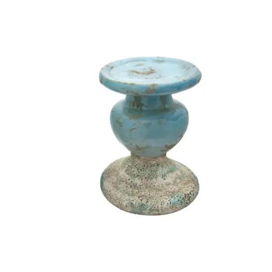Hello Honey&reg; 7'' Blue Distressed Terracotta Pillar Candle Holder {1}