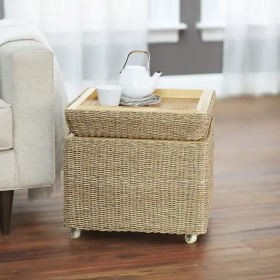 Household Essentials 18" Seagrass Rolling Wicker Storage Ottoman {3}