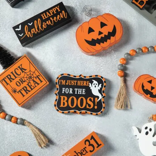 Glitzhome&reg; Halloween Wood Word Signs & Fabric Gnome D&eacute;cor Set {7}
