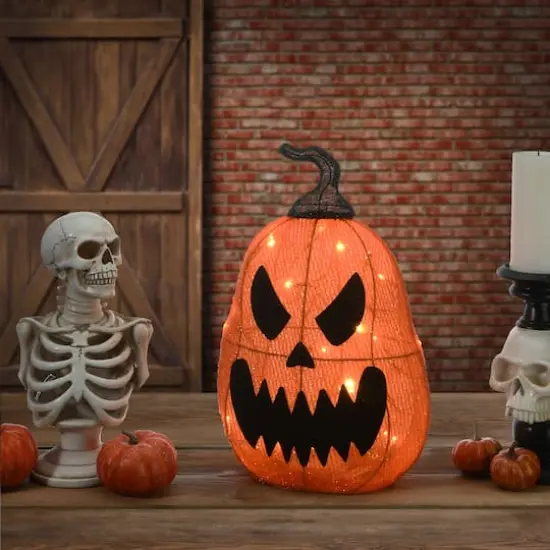 16" Orange LED Scary Jack-O-Lantern Halloween Decor {3}