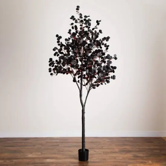 9ft. Pre-Lit Artificial Halloween Black Eucalyptus Tree with 700 Orange & Purple LED Lights {8}
