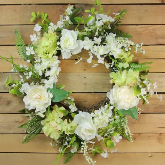 24" White & Green Peony & Rose Artificial Floral Spring Wreath {4}