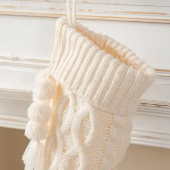 Glitzhome&reg; 22"L White Knitted Christmas Stocking with Pom-Pom Tassel {5}