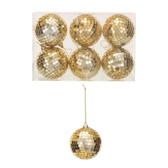 Hello Honey&reg; 6 Pack 3.5" Gold Finish Glass & Foam Disco Ball Ornaments with Acetate Box {1}