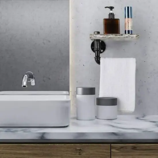 Black Industrial Wall-Mounted Rustic Toilet Paper Holder with Wood Shelf {6}