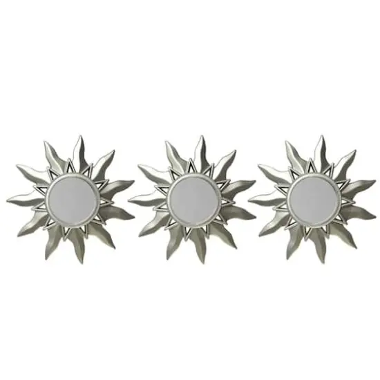 9.5" Mayan Sunburst Matte Silver Round Mirror Set {1}