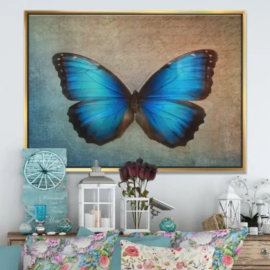 Designart - Blue Vintage Butterfly - Floral Art Framed Canvas Print Gold {4}