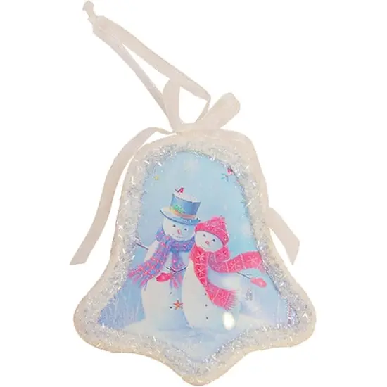 Blue & White Snowman Couple LED Bell Ornament {1}
