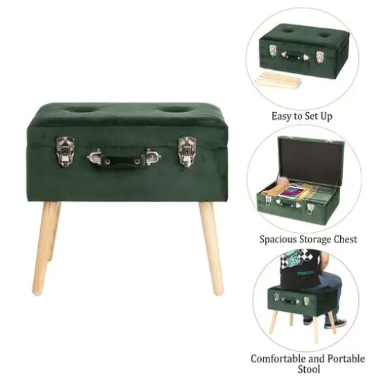 Glitzhome&reg; Velvet Upholstered Storage Stool Hunter Green {5}