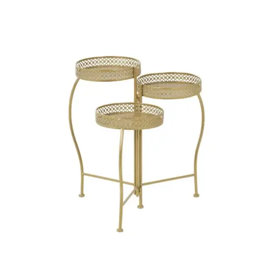 20" Gold Metal Curved Folding 3 Tier Plantstand with Floral & Scroll Patterns {4}
