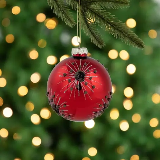 4" Red & Brown Beaded Bursting Snowflake Glass Ball Ornament {4}