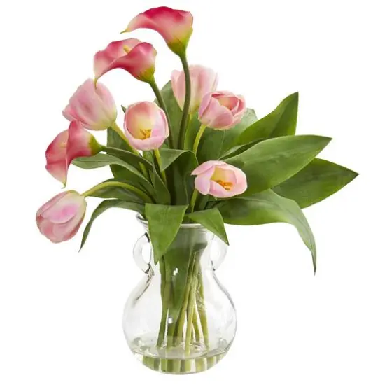 19" Calla Lily & Tulips Artificial Arrangement in Decorative Clear Vase Pink and White {1}