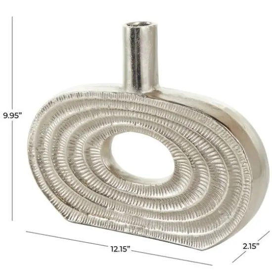 12" Silver Aluminum Geometric Circular Vase with Linear Etchings {9}