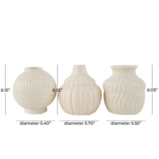 6" Cream Ceramic Abstract Textured Vase Set {9}