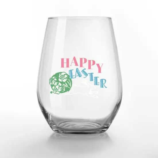 15oz. Happy Easter Vintage Bunny Printed Stemless Wine Glass {1}