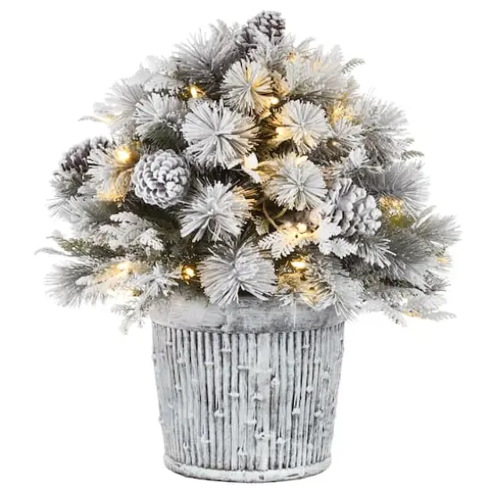 22" Pre-Lit Flocked Chiwawa Basin Pine Tree With Pinecones In Gray Pot, Clear LED Lights {1}
