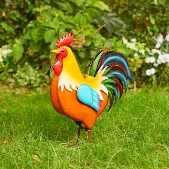 Glitzhome® 21" Vibrant Standing Metal Rooster Garden Statue {4}