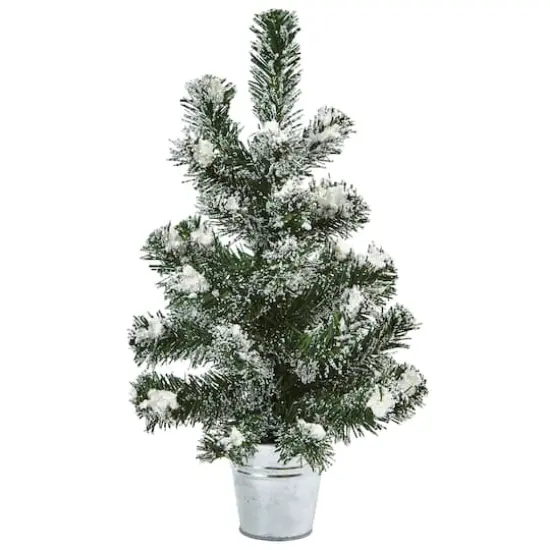 2 Pack 18" Unlit Snowy Mini Pine Artificial Christmas Trees with Tin Planters {3}