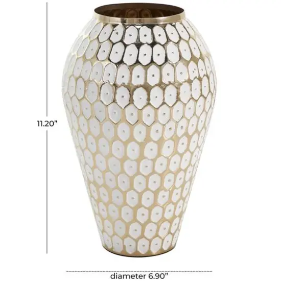 11" Gold & White Geometric Dot Metal Vase {5}