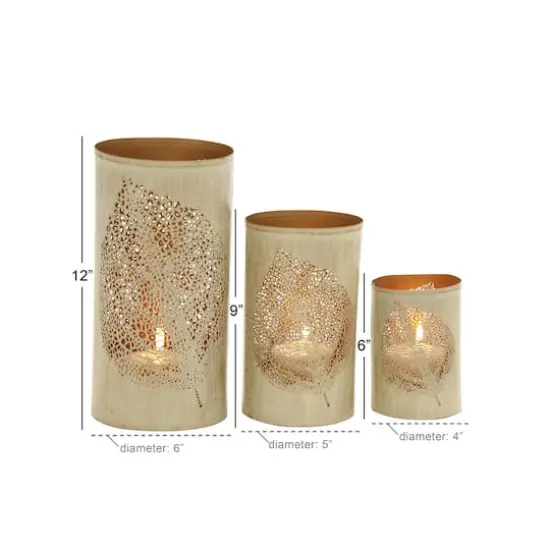 Set of 3 Metal Eclectic Lantern, 6", 9", 12 Large Gold Leaf {6}