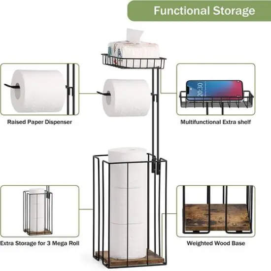 NEX&trade; 23.5" Black Freestanding Toilet Paper Holder with Shelf {5}