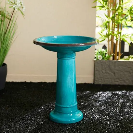 Glitzhome&reg; 21.5" Faux Ceramic Tall Pedestal Birdbath Turquoise {6}