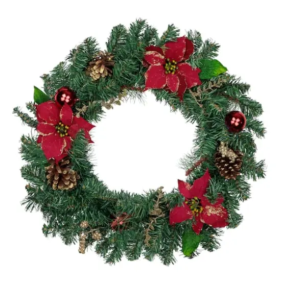 24" Poinsettias & Pinecones Artificial Wreath {4}