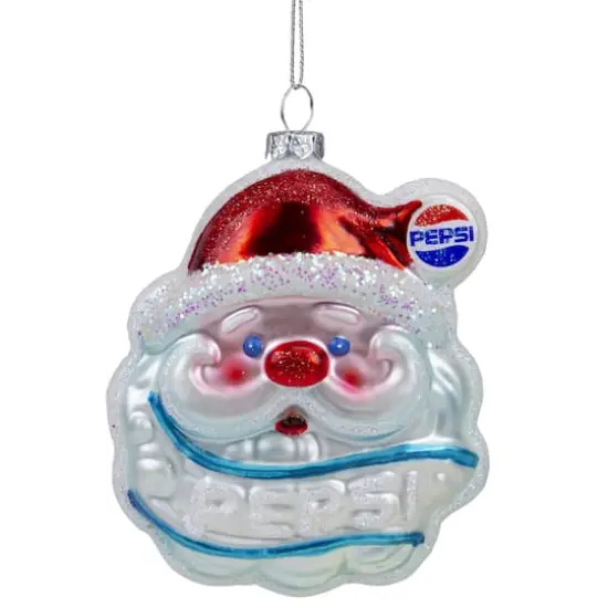 4.5" Blue & Red Glittered Santa Claus Head Pepsi Christmas Ornament {1}
