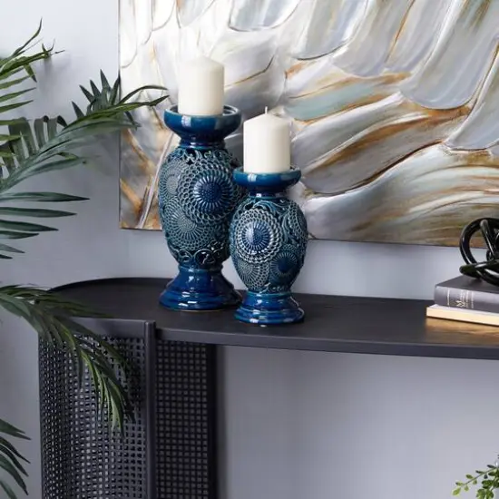 Blue Ceramic Eclectic Candle Holder Set {7}