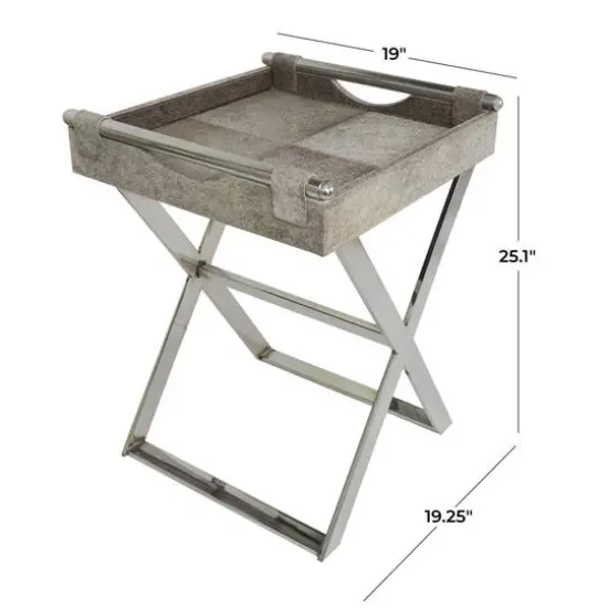 25" Gray Leather Geometric Accent Table with Silver Metal Base {7}
