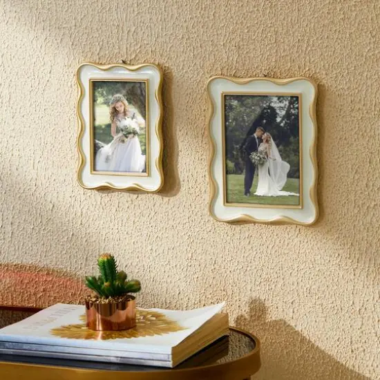 Glitzhome&reg; Vintage White with Gold Wavy Edge Tabletop Picture Frame Set {4}