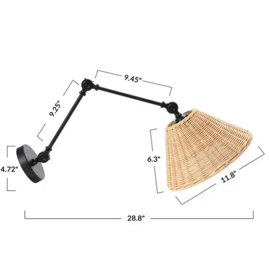 Hello Honey&reg; 29" Black Metal Finish Coastal Adjustable Wall Sconce with Neutral Beige Rattan Shade {5}