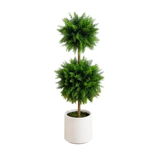 3.5ft. UV Resistant Cedar Double Ball Topiary Tree in White Decorative Planter {1}