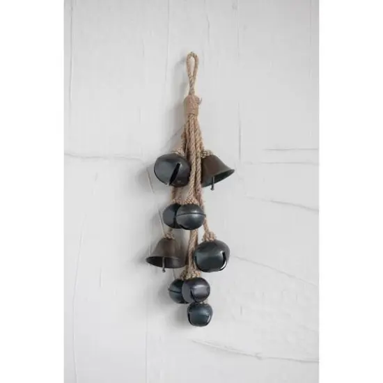 Hello Honey&reg; Black Decorative Metal Bells in Various Shapes on Jute Rope Hanger {3}