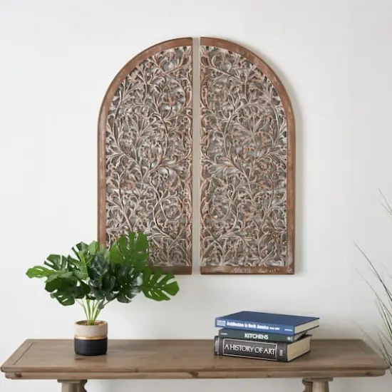 Brown Handmade Floral Carved Arched Wall D&eacute;cor, 2ct. {3}