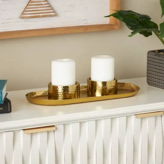 16" Gold Stainless Steel Metal Hammered Candle Holder with Oval Tray Plate {9}