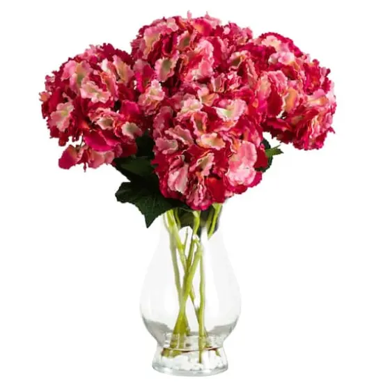 20" Pink Artificial Hydrangea Arrangement in Glass Vase {1}