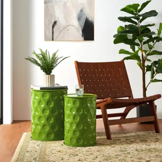 Glitzhome&reg; Multifunctional Embossed Honeycomb Texture Metal Garden Stool Set Green {6}