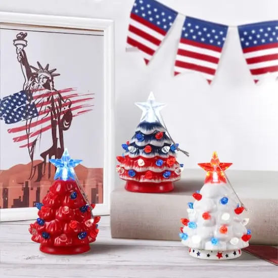Mr. Christmas Mini Nostalgic Ceramic Patriotic Trees Set {3}
