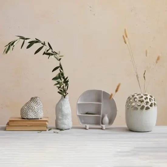 Hello Honey&reg; 8.5" Cream Stoneware Footed Shelf with 4 Compartments & Attached Vase with Reactive Glaze {5}