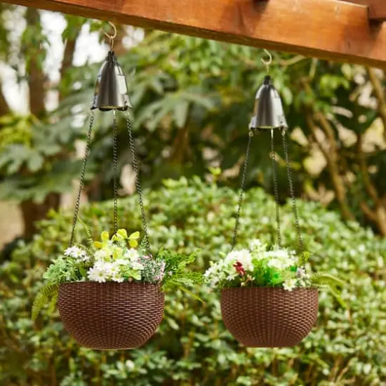 Glitzhome&reg; 30" Brown Solar Lighted Hanging Plastic Basket Planters, 2ct. {3}