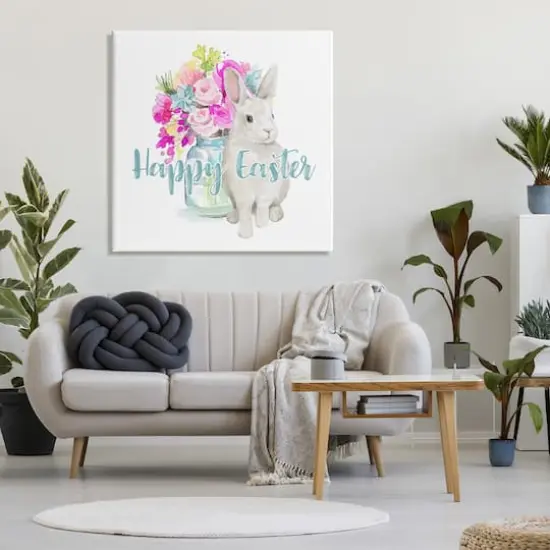 Stupell Industries Happy Easter Calligraphy Bunny Pink Flower Bouquet Canvas Wall Art {3}