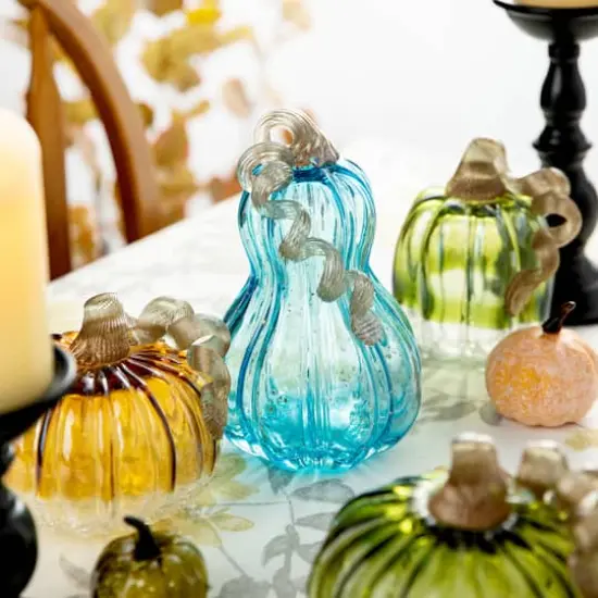 Glitzhome&reg; Blue Glass Pumpkin Set {11}