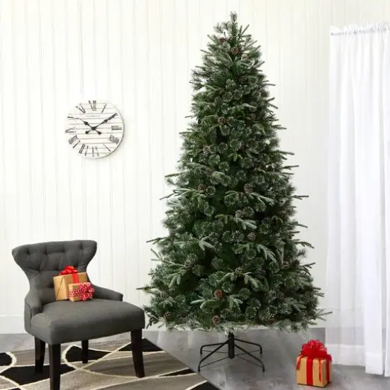 7.5ft. Pre-Lit Snowed Tipped Clermont Mixed Pine & Pinecones Artificial Christmas Tree with Clear LED Lights {8}