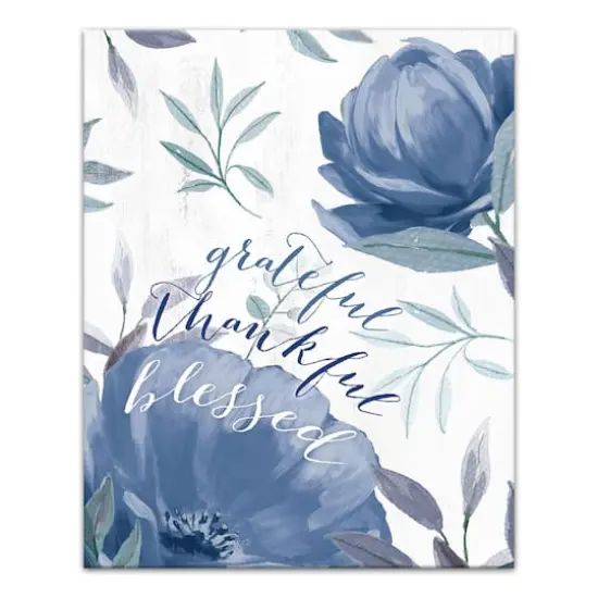 Blue Floral Grateful Thankful Blessed Canvas Wall Art {1}