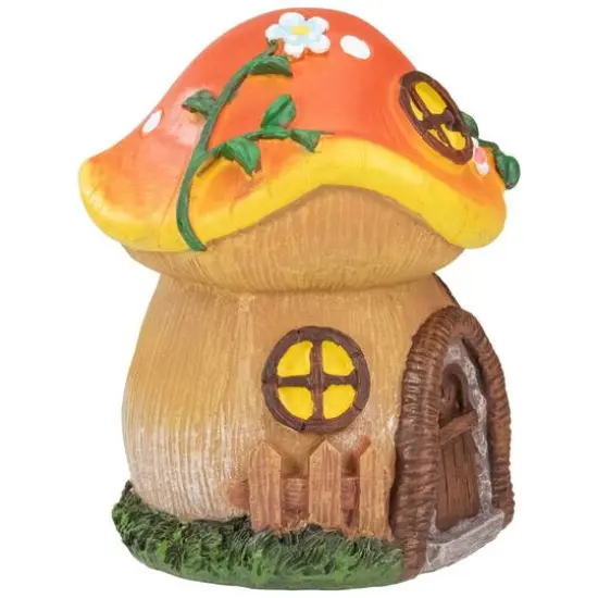 6.25" Orange Mushroom House Outdoor Garden Statue {6}