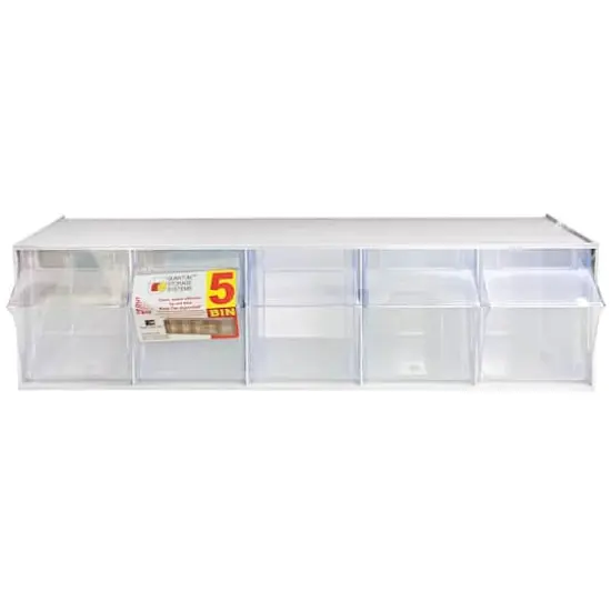 Quantum Storage Systems&reg; 5.25" x 23.625" White 5 Compartment Storage Box with Clear Tip Out Bins {1}