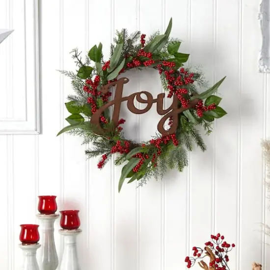 24" Red Joy & Berries Christmas Wreath {4}