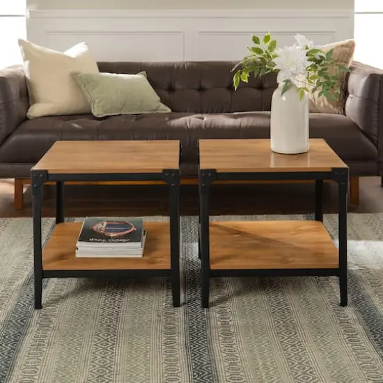 Walker Edison Barnwood Angle Iron Rustic Wood Side Table Set {3}