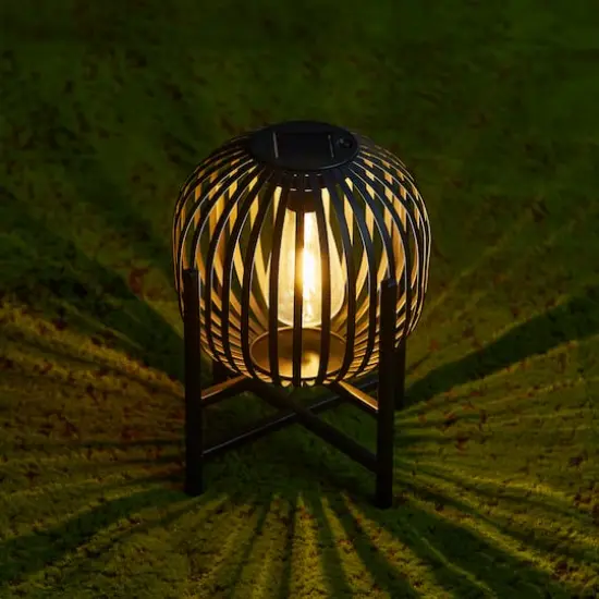Glitzhome&reg; 11.5" Black Slim Metal Stripes Solar Powered Edison Bulb Outdoor Lantern {5}